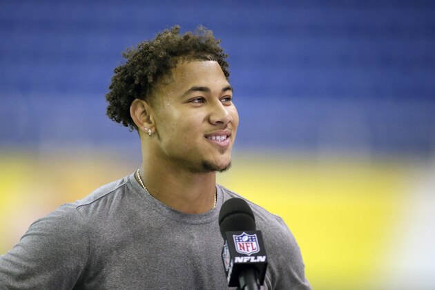 FILE - North Dakota State quarterback Trey Lance smiles as he is interviewed at the school's football NFL Pro Day in Fargo, N.D., in this Friday, March, 12, 2021, file photo. Lance will likely be one of the first two players drafted from non-Football Bowl Subdivision programs next week. (AP Photo/Andy Clayton- King, File)
