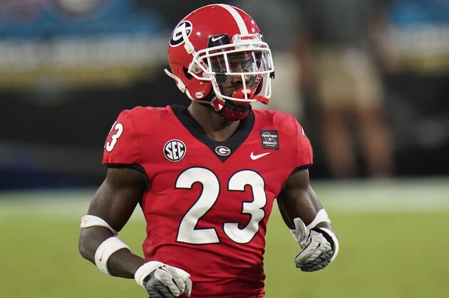 Georgia defensive back Mark Webb covers a kick off against Florida during the second half of an NCAA college football game, Saturday, Nov. 7, 2020, in Jacksonville, Fla. (AP Photo/John Raoux)