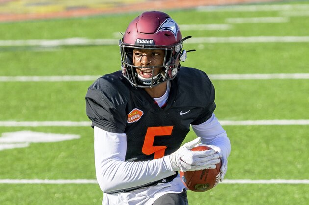 American Team defensive back Bryan Mills of North Carolina CentralÂ (FCS) (5) catches during the American Team practice for the NCAA Senior Bowl college football game in Mobile, Ala., Thursday, Jan. 28, 2021. (AP Photo/Matthew Hinton)
