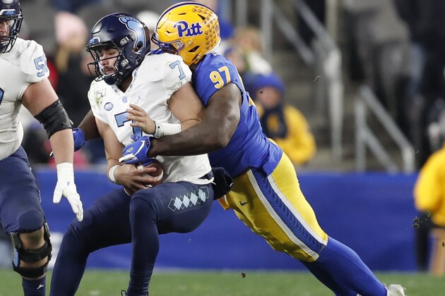 FILE - In this Nov. 14, 2019, file photo, Pittsburgh defensive lineman Jaylen Twyman (97) sacks North Carolina quarterback Sam Howell (7) during the second half of an NCAA college football game, in Pittsburgh. Twyman was selected to The Associated Press All-Atlantic Coast Conference football team, Tuesday, Dec. 10, 2019. (AP Photo/Keith Srakocic, File)