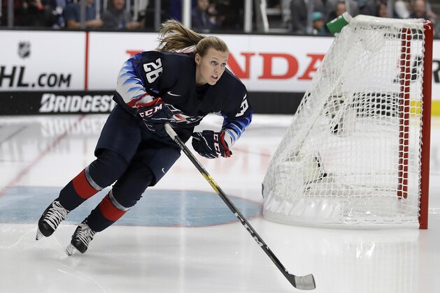 FILE - In this Jan. 25, 2019, file photo, United States' Kendall Coyne Schofield skates during the Skills Competition, part of the NHL All-Star weekend, in San Jose, Calif. The NHL Network has hired women's hockey star Kendall Coyne Schofield as a studio analyst. Coyne Schofield will make her debut March 4. The network announced the hire Friday, March 1, 2019. (AP Photo/Ben Margot, File)