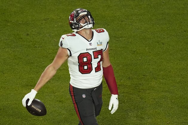 Tampa Bay Buccaneers' Rob Gronkowski (87) celebrates after a first down reception during the second half of the NFL Super Bowl 55 football game against the Kansas City Chiefs Sunday, Feb. 7, 2021, in Tampa, Fla. (AP Photo/Charlie Riedel)