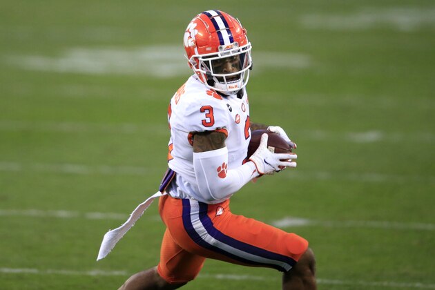Clemson wide receiver Amari Rodgers (3) runs for a first down during the first half of the Atlantic Coast Conference championship NCAA college football game against Notre Dame, Saturday, Dec. 19, 2020, in Charlotte, N.C. (AP Photo/Brian Blanco)