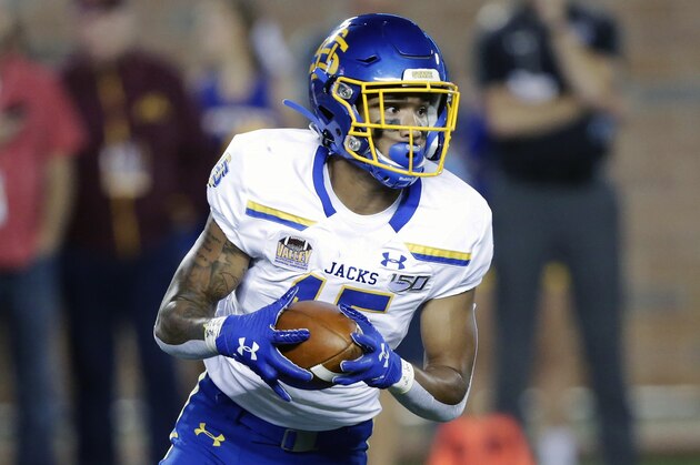 FILE - In this Aug. 29, 2019, file photo, South Dakota State wide receiver Cade Johnson plays during an NCAA football game against Minnesota, in Minneapolis. Johnson was selected to The Associated Press FCS All-America first team, Tuesday, Dec. 17, 2019. (AP Photo/Andy Clayton- King, File)