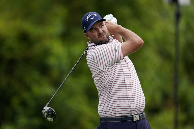 Marc Leishman of Australia hits off the second tee during the third round of the PGA Zurich Classic golf tournament at TPC Louisiana in Avondale, La., Saturday, April 24, 2021. (AP Photo/Gerald Herbert)