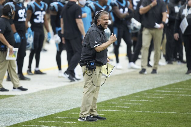Carolina Panthers head coach Matt Rhule during an NFL football game against the Detroit Lions, Sunday, Nov. 22, 2020, in Charlotte, N.C. (AP Photo/Brian Westerholt)