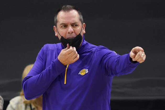 Los Angeles Lakers head coach Frank Vogel reacts after being called for a technical foul during the second half of an NBA basketball game against the Toronto Raptors Tuesday, April 6, 2021, in Tampa, Fla. (AP Photo/Chris O'Meara)