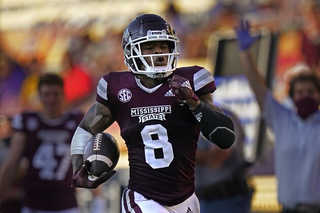 Mississippi State running back Kylin Hill (8) carries for a touchdown in the second half an NCAA college football game against LSU in Baton Rouge, La., Saturday, Sept. 26, 2020. Mississippi State won 44-34. (AP Photo/Gerald Herbert)