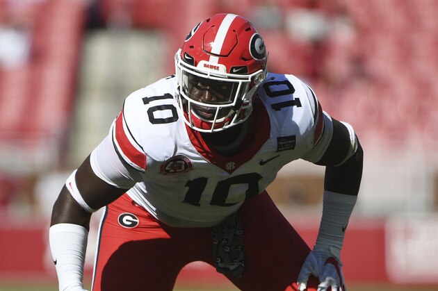 Georgia defensive lineman Malik Herring (10) against Arkansas during an NCAA college football game in Fayetteville, Ark. Saturday, Sept. 26, 2020. (AP Photo/Michael Woods)