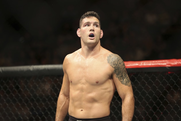 Chris Weidman is seen against Kelvin Gastelum during their mixed martial arts bout at UFC on Fox 25, Saturday, July 22, 2017, in New York. Weidman won via 3rd round submission. (AP Photo/Steve Luciano)