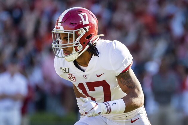 Alabama wide receiver Jaylen Waddle (17) during the first half of an NCAA college football game, Saturday, Nov. 30, 2019, in Auburn, Ala. (AP Photo/Vasha Hunt)