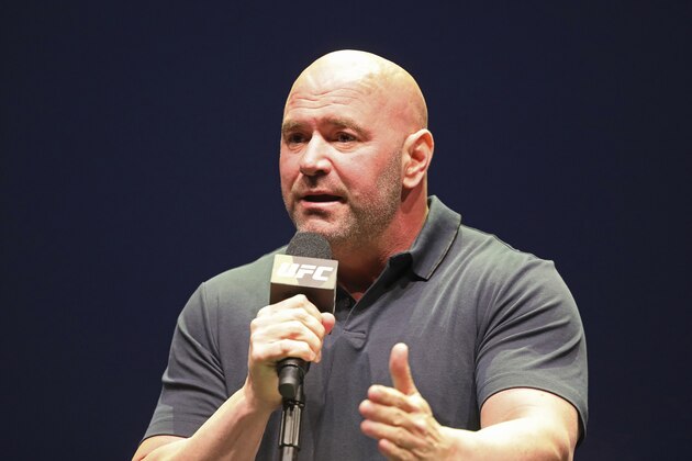 FILE - In this Sept. 19, 2019, file photo, UFC President Dana White speaks at a news conference in New York. UFC 249 has been canceled after ESPN and parent company Disney stopped White's plan to keep fighting amid the coronavirus pandemic. After defiantly vowing for weeks to maintain a regular schedule of fights, White announced the decision to cease competition Thursday, April 9, on ESPN, the UFC's broadcast partner. (AP Photo/Gregory Payan, File)