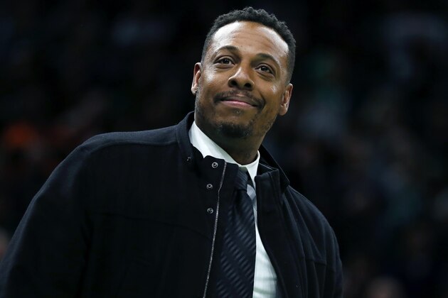 FILE - Former Boston Celtic Paul Pierce attends the NBA basketball game between the Celtics and the Houston Rockets in Boston, Saturday, Feb. 29, 2020. Celtics star Paul Pierce, “Showtime” Los Angeles Lakers star Michael Cooper and 11-time NBA All-Star Chris Bosh lead a list of 14 finalists for the Naismith Memorial Basketball Hall of Fame Class of 2021, Tuesday. March 9, 2021. (AP Photo/Michael Dwyer, file)