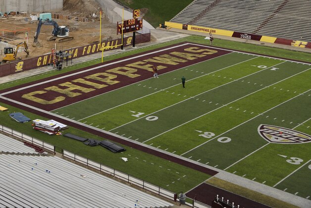 Central Michigan's Chippewa Champions Center construction project in the north end zone of Kelly/Shorts Stadium is shown following an NCAA football game against Eastern Michigan on Saturday, Oct. 5, 2019, in Mount Pleasant, Mich. (AP Photo/Al Goldis)