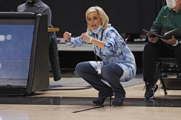 Baylor coach Kim Mulkey yells out to the team during the first half of an NCAA college basketball game against Texas Tech, Wednesday, Feb. 10, 2021, in Lubbock, Texas. (AP Photo/Brad Tollefson)