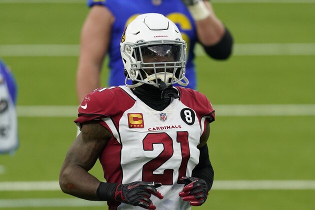 Arizona Cardinals cornerback Patrick Peterson (21) runs on the field during a timeout during the second half of an NFL football game against the Los Angeles Rams Sunday, Jan. 3, 2021, in Inglewood, Calif. (AP Photo/Ashley Landis)
