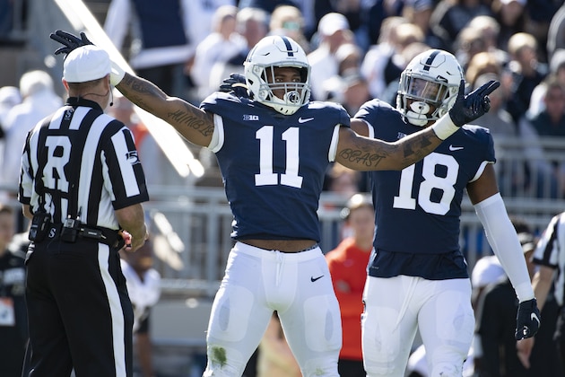 Penn State linebacker Micah Parsons (11) and defensive end Shaka Toney (18) celebrate a sack of Purdue quarterback Jack Plummer (13) in the second half of an NCAA college football game against Purdue in State College, Pa., on Saturday, Oct. 5, 2019. Penn State defeated Purdue 35-7. (AP Photo/Barry Reeger)