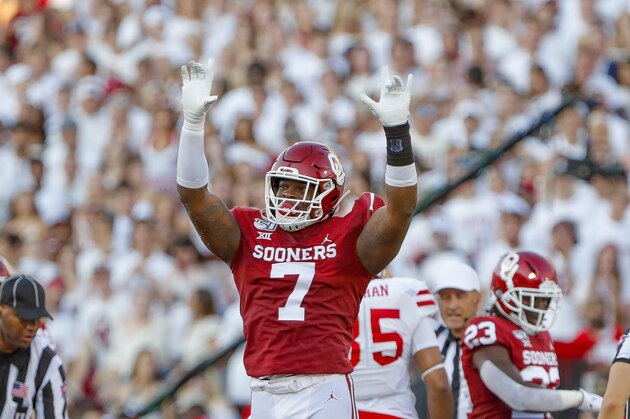 Oklahoma defensive lineman Ronnie Perkins (7) during the first half of an NCAA college football game in Norman, Okla., Sunday, Sept. 1, 2019. (AP Photo/Alonzo Adams)