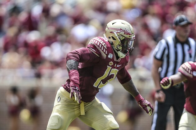 Florida State defensive end Joshua Kaindoh (13) during an NCAA football game on Saturday, Aug. 31, 2019 in Tallahassee, Fla. (AP Photo/Gary McCullough)
