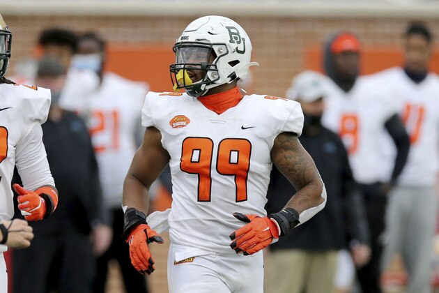 American Team William Bradley-King of Baylor (99) during the second half of the NCAA college football Senior Bowl in Mobile, Ala, Saturday, Jan. 30, 2021. (AP Photo/Rusty Costanza)