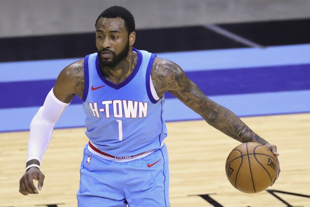 Houston Rockets' John Wall controls the ball during the third quarter against the Indiana Pacers in an NBA basketball game Wednesday, April 14, 2021, in Houston. (Carmen Mandato/Pool Photo via AP)
