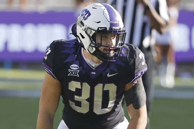 TCU linebacker Garret Wallow (30) looks on against Texas Tech during the second half of an NCAA college football game Saturday, Nov. 7, 2020, in Fort Worth, Texas. TCU won 34-18. (AP Photo/Ron Jenkins)
