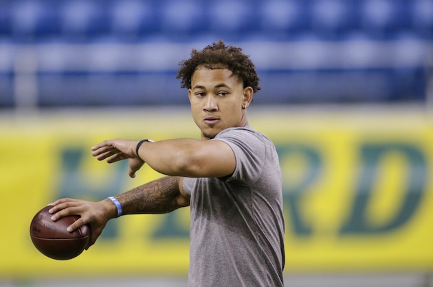 FILE - North Dakota State quarterback Trey Lance throws at the school's football NFL Pro Day in Fargo, N.D., in this Friday, March, 12, 2021, file photo. Lance will likely be one of the first two players drafted from non-Football Bowl Subdivision programs next week. (AP Photo/Andy Clayton-King, File)