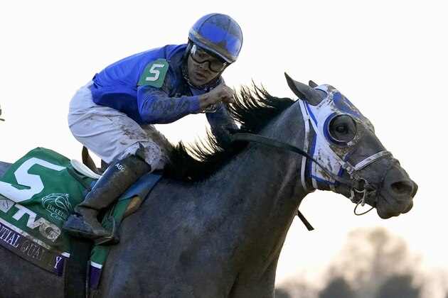 Jockey Luis Saez reacts aboard Essential Quality as they win the Breeders' Cup Juvenile horse race at Keeneland Race Course, Friday, Nov. 6, 2020, in Lexington, Ky. (AP Photo/Michael Conroy)