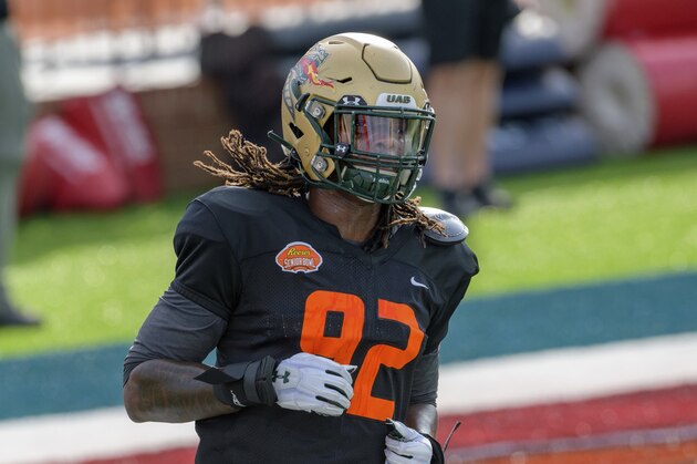American Team linebacker Jordan Smith of UAB (92) runs during the American Team practice for the NCAA Senior Bowl college football game in Mobile, Ala. Wednesday, Jan. 27, 2021. (AP Photo/Matthew Hinton)