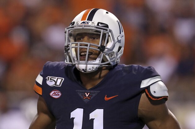 Virginia linebacker Charles Snowden (11) in action during an NCAA football game on Saturday, Sept. 21, 2019 in Charlottesville, Va. (AP Photo/ Andrew Shurtleff)
