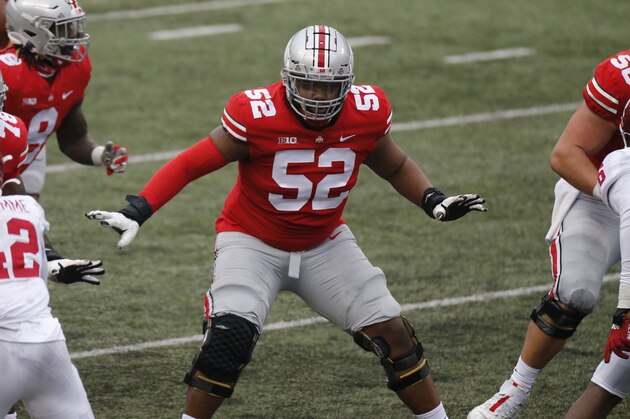 Ohio State offensive lineman Wyatt Davis plays against Indiana during an NCAA college football game Saturday, Nov. 21, 2020, in Columbus, Ohio. (AP Photo/Jay LaPrete)