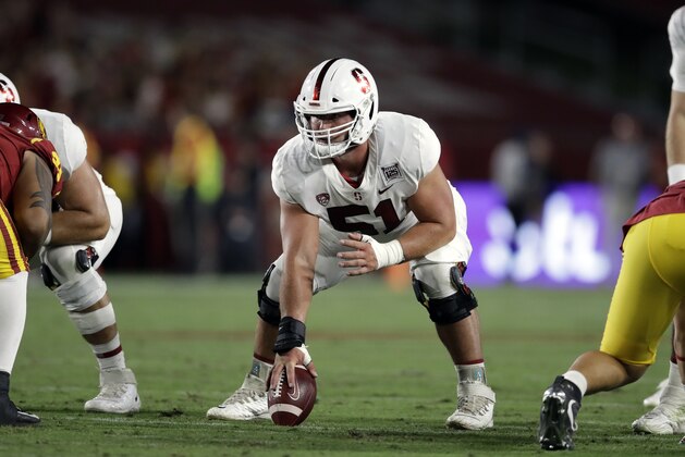 Stanford center Drew Dalman in action against Southern California during the first half of an NCAA college football game Saturday, Sept. 7, 2019, in Los Angeles. (AP Photo/Marcio Jose Sanchez)