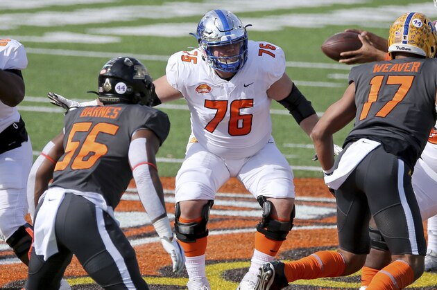 American Team offensive lineman Drake Jackson of Kentucky (76) pass protects during the first half of the NCAA college football Senior Bowl in Mobile, Ala, Saturday, Jan. 30, 2021. (AP Photo/Rusty Costanza)