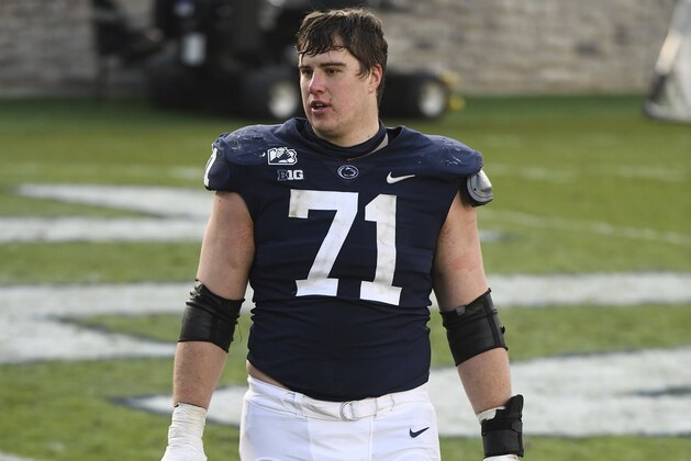 Penn State offensive lineman Will Fries (71) leaves the field following an NCAA college football game against Michigan State in State College, Pa., on Saturday, Dec. 12, 2020. (AP Photo/Barry Reeger)