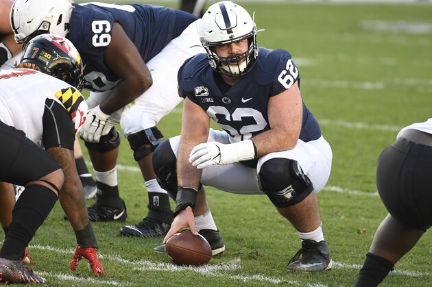Penn State offensive lineman Michal Menet (62) looks over Maryland defense during an NCAA college football game in State College, Pa., on Saturday, Nov. 07, 2020. (AP Photo/Barry Reeger)