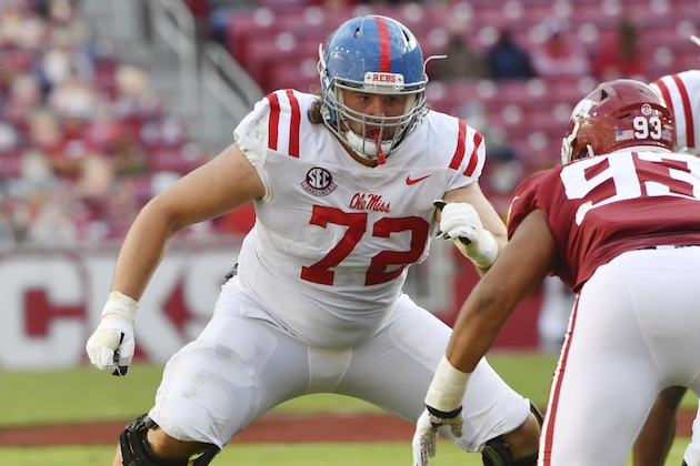 Mississippi lineman Royce Newman (72) blocks against Arkansas during an NCAA college football game Saturday, Oct. 17, 2020, in Fayetteville, Ark. (AP Photo/Michael Woods)