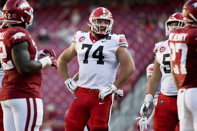 Georgia offensive lineman Ben Cleveland (74) against Arkansas during an NCAA college football game in Fayetteville, Ark. Saturday, Sept. 26, 2020. (AP Photo/Michael Woods)