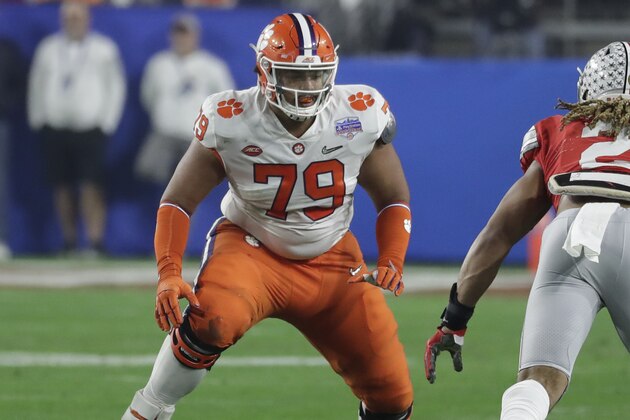 Clemson offensive tackle Jackson Carman (79) during the first half of the Fiesta Bowl NCAA college football game against Ohio State, Saturday, Dec. 28, 2019, in Glendale, Ariz. (AP Photo/Rick Scuteri).
