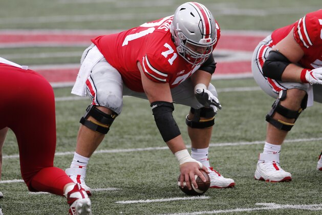 Ohio State offensive lineman Josh Myers plays against Nebraska during an NCAA college football game Saturday, Oct. 24, 2020, in Columbus, Ohio. (AP Photo/Jay LaPrete)