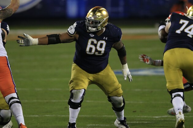 Notre Dame offensive lineman Aaron Banks (69) during the second half of the Atlantic Coast Conference championship NCAA college football game, Saturday, Dec. 19, 2020, in Charlotte, N.C. (AP Photo/Brian Blanco)