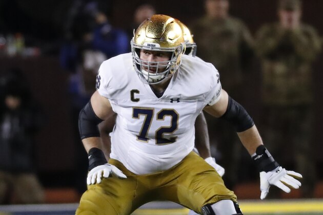 Notre Dame offensive lineman Robert Hainsey (72) blocks against Michigan in the second half of an NCAA college football game in Ann Arbor, Mich., Saturday, Oct. 26, 2019. (AP Photo/Paul Sancya)