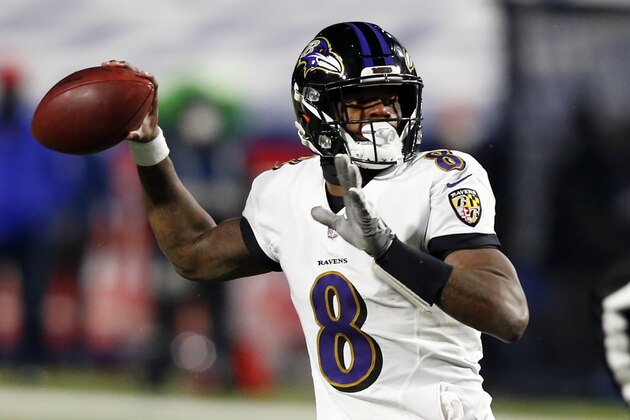 Baltimore Ravens quarterback Lamar Jackson (8) throws a pass for an interception during the second half of an NFL divisional round football game against the Buffalo Bills Saturday, Jan. 16, 2021, in Orchard Park, N.Y. The Bills won 17-3. (AP Photo/Jeffrey T. Barnes)