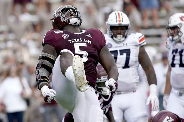 Texas A&M defensive lineman Bobby Brown III (5) reacts after stopping Auburn on a run play during the first half of an NCAA college football game, Saturday, Sept. 21, 2019, in College Station, Texas. (AP Photo/Sam Craft)