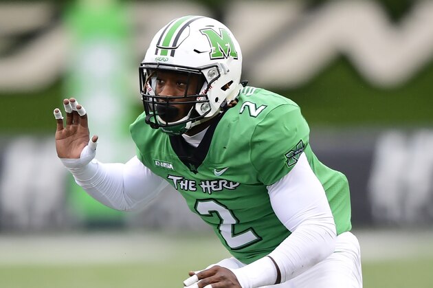 Marshall Thundering Herd defensive lineman Darius Hodge (2) runs during an NCAA football game against the Florida Atlantic Owls on Saturday, Oct. 24, 2020 in Huntington, W.VA. (AP Photo/Emilee Chinn)