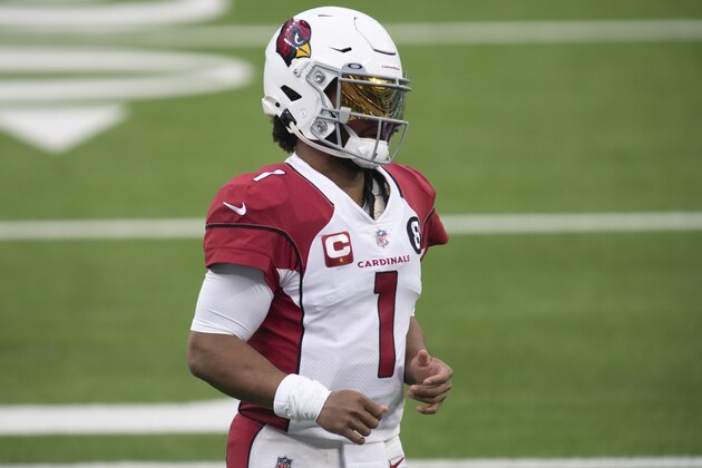 Arizona Cardinals quarterback Kyler Murray (1) before an NFL football game against the Los Angeles Rams Sunday, Jan. 3, 2021, in Inglewood, Calif. (AP Photo/Kyusung Gong)