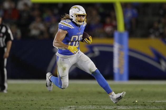 Los Angeles Chargers tight end Sean Culkin during the second half of a preseason NFL football game against the Seattle Seahawks Saturday, Aug. 24, 2019, in Carson, Calif. (AP Photo/Gregory Bull)