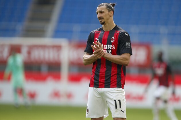 AC Milan's Zlatan Ibrahimovic looks on during the Serie A soccer match between AC Milan and Sampdoria at the San Siro stadium, in Milan, Italy, Saturday, April 3, 2021. (AP Photo/Antonio Calanni)
