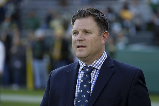 Green Bay Packers general manager Brian Gutekunst is seen before an NFL football game against the Oakland Raiders Sunday, Oct. 20, 2019, in Green Bay, Wis. (AP Photo/Mike Roemer)