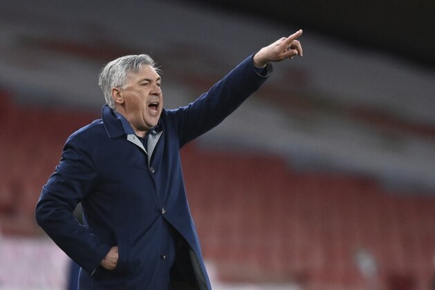 Everton's manager Carlo Ancelotti gives instructions to his players during the English Premier League soccer match between Arsenal and Everton at the Emirates stadium in London, Friday, Apr 23, 2021. (Justin Setterfield/Pool via AP) Everton's manager Carlo Ancelotti gives instructions to his players during the English Premier League soccer match between Arsenal and Everton at the Emirates stadium in London, Friday, Apr 23, 2021. (Justin Setterfield/Pool via AP)