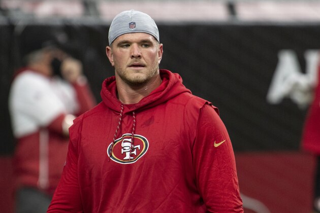San Francisco 49ers offensive tackle Mike McGlinchey (69) reacts on the field prior to an NFL football game against the Arizona Cardinals, Saturday, Dec. 26, 2020, in Glendale, Ariz. (AP Photo/Jennifer Stewart)